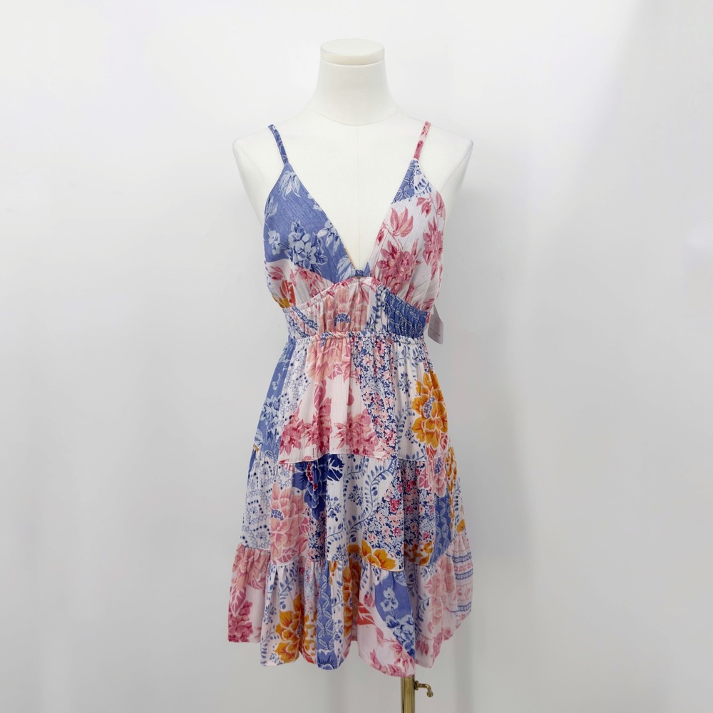 Angie Floral Patchwork Mini Dress Tie Back Boho Summer L Festival Sundress Rayon